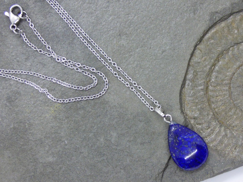 Lapis Lazuli Teardrop Gemstone Pendant Healing Chakra and Reiki Crystal Necklace on a Silver look cable link chain.