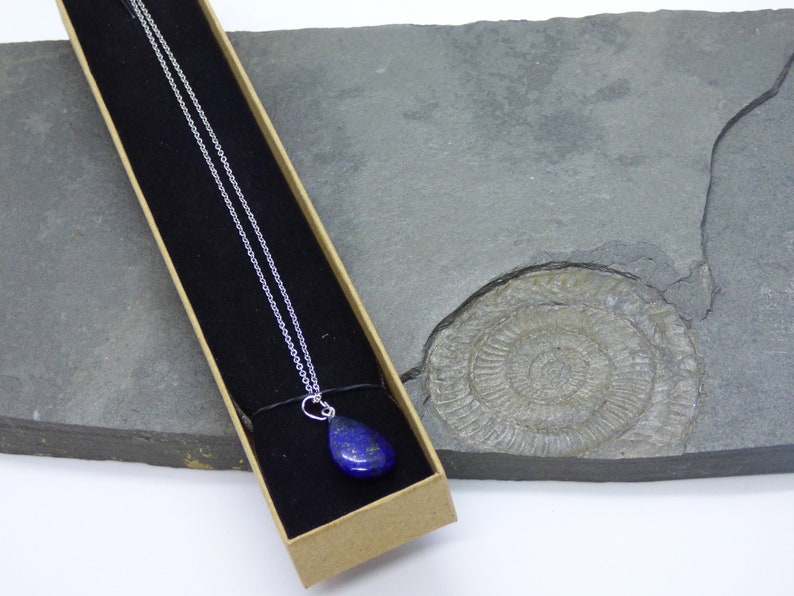 Lapis Lazuli Teardrop Gemstone Pendant Healing Chakra and Reiki Crystal Necklace on a Silver look cable link chain.