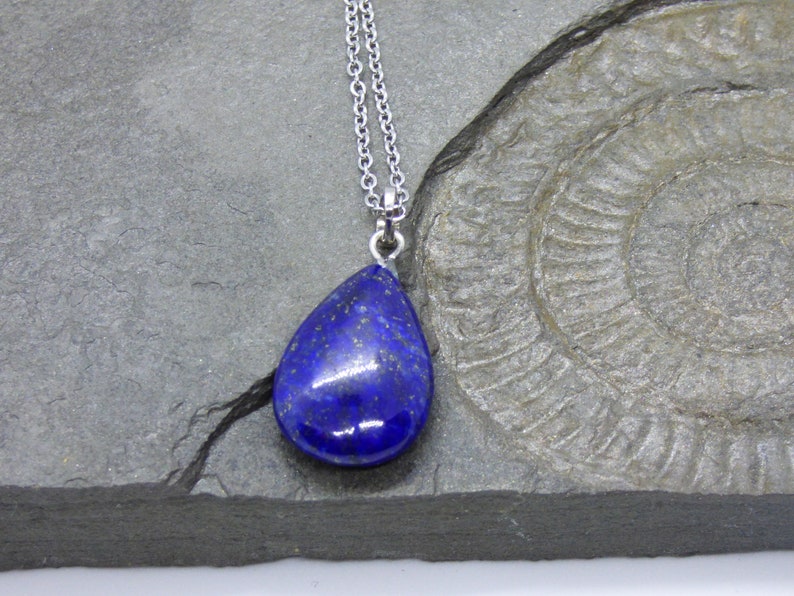 Lapis Lazuli Teardrop Gemstone Pendant Healing Chakra and Reiki Crystal Necklace on a Silver look cable link chain.