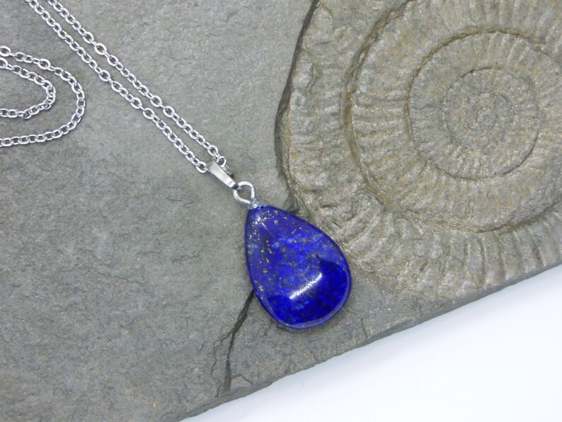Lapis Lazuli Teardrop Gemstone Pendant Healing Chakra and Reiki Crystal Necklace on a Silver look cable link chain.