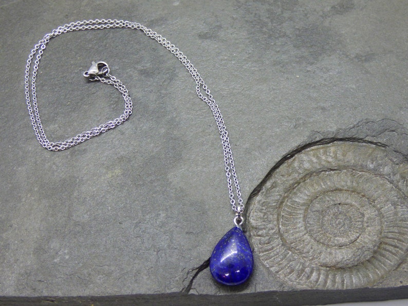 Lapis Lazuli Teardrop Gemstone Pendant Healing Chakra and Reiki Crystal Necklace on a Silver look cable link chain.