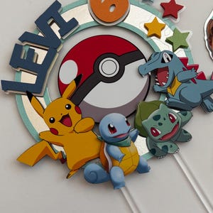 Pu&ograve; includere: Un topper per torta con una Pok&eacute; Ball rossa e bianca, un Pikachu giallo, uno Squirtle blu, un Bulbasaur verde e un Charmander blu e verde. Il topper include anche il nome "Levi" e il numero "6" in arancione.