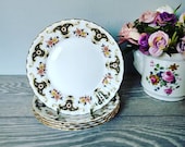 Set Of 4 Retro English Bone China 6.5 Inches Black Floral Tea Plates Side Plates