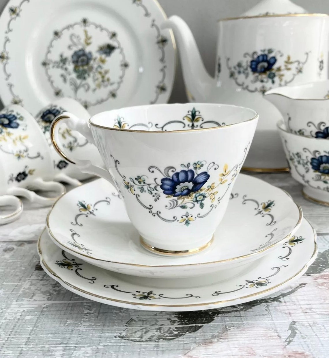 Beautiful Vintage Argyle English Bone China Blue Floral Teacup Etsy