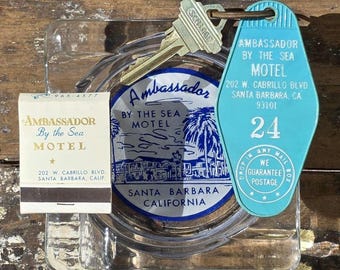 Santa Barbara Ambassador By The Sea Motel Ashtray, Room Fob with Key and Unstruck Matchbook