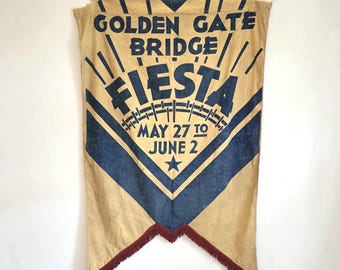 1937 Golden Gate Bridge Fiesta Cotton Banner – Historic California Parade Flag