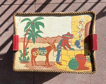 Vintage 1948 Olvera Street Hand-Painted Wooden Serving Tray – Mid-Century Folk Art LA Souvenir