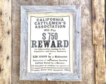 Vintage California Cattlemen's Association Reward Sign – Western Cattle Rustling History Poster