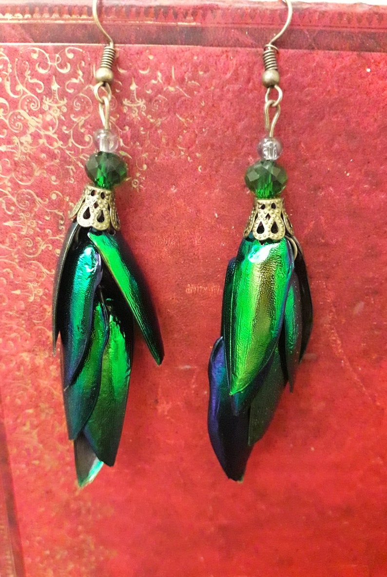 Beetle Wing Elytra Earrings Bronze Beads Pagan Goth Steampunk Lolita Victoriana