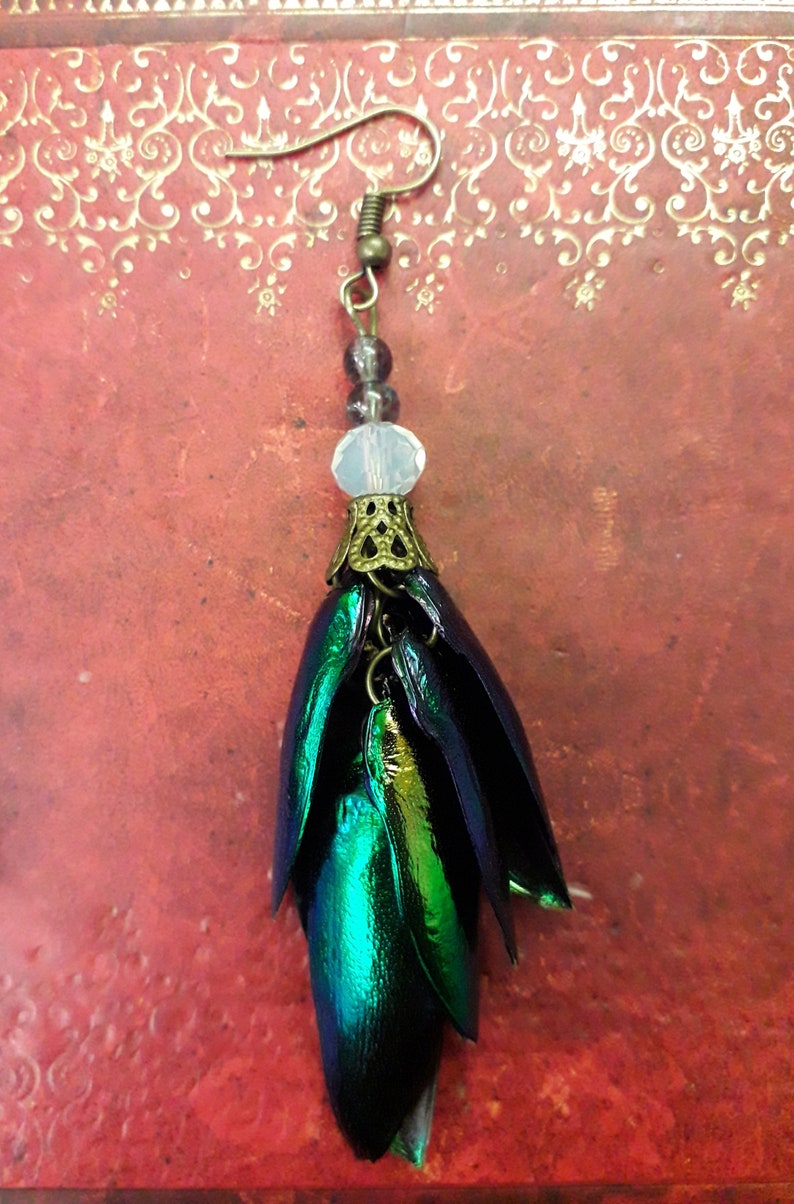 Beetle Wing Elytra Earrings Bronze Beads Pagan Goth Steampunk Lolita Victoriana