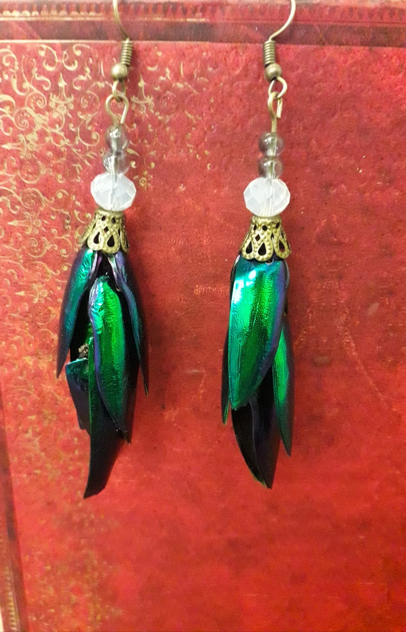 Beetle Wing Elytra Earrings Bronze Beads Pagan Goth Steampunk Lolita Victoriana
