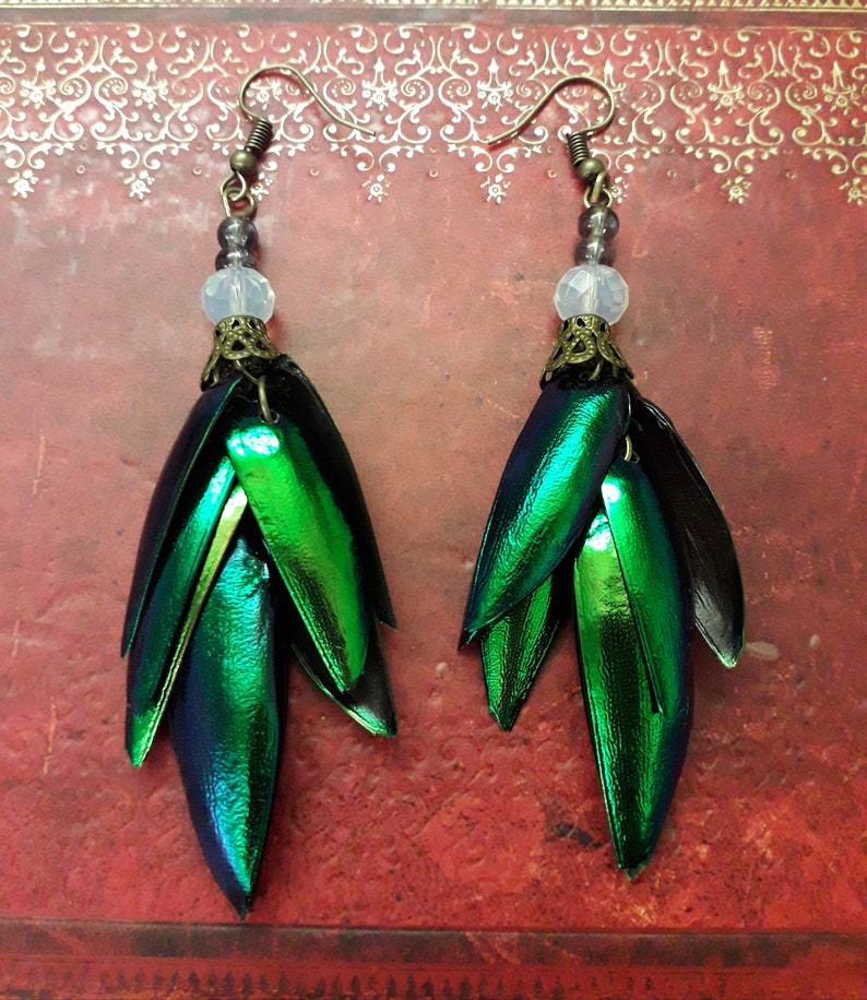 Beetle Wing Elytra Earrings Bronze Beads Pagan Goth Steampunk Lolita Victoriana