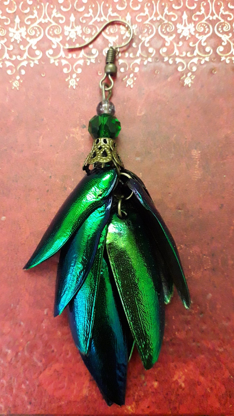 Beetle Wing Elytra Earrings Bronze Beads Pagan Goth Steampunk Lolita Victoriana
