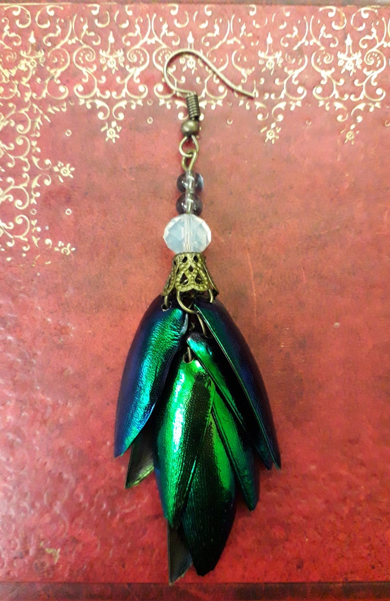 Beetle Wing Elytra Earrings Bronze Beads Pagan Goth Steampunk Lolita Victoriana