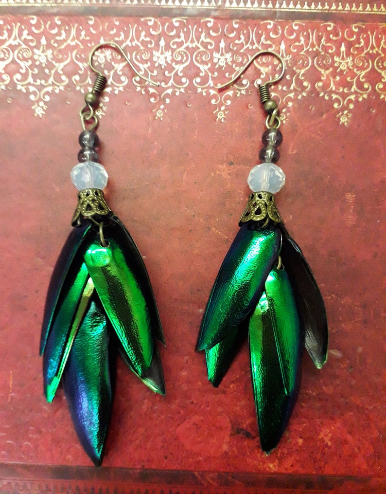 Beetle Wing Elytra Earrings Bronze Beads Pagan Goth Steampunk Lolita Victoriana