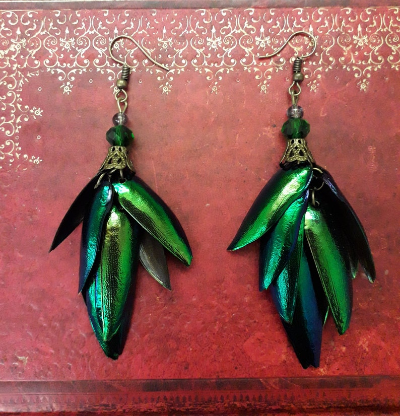 Beetle Wing Elytra Earrings Bronze Beads Pagan Goth Steampunk Lolita Victoriana