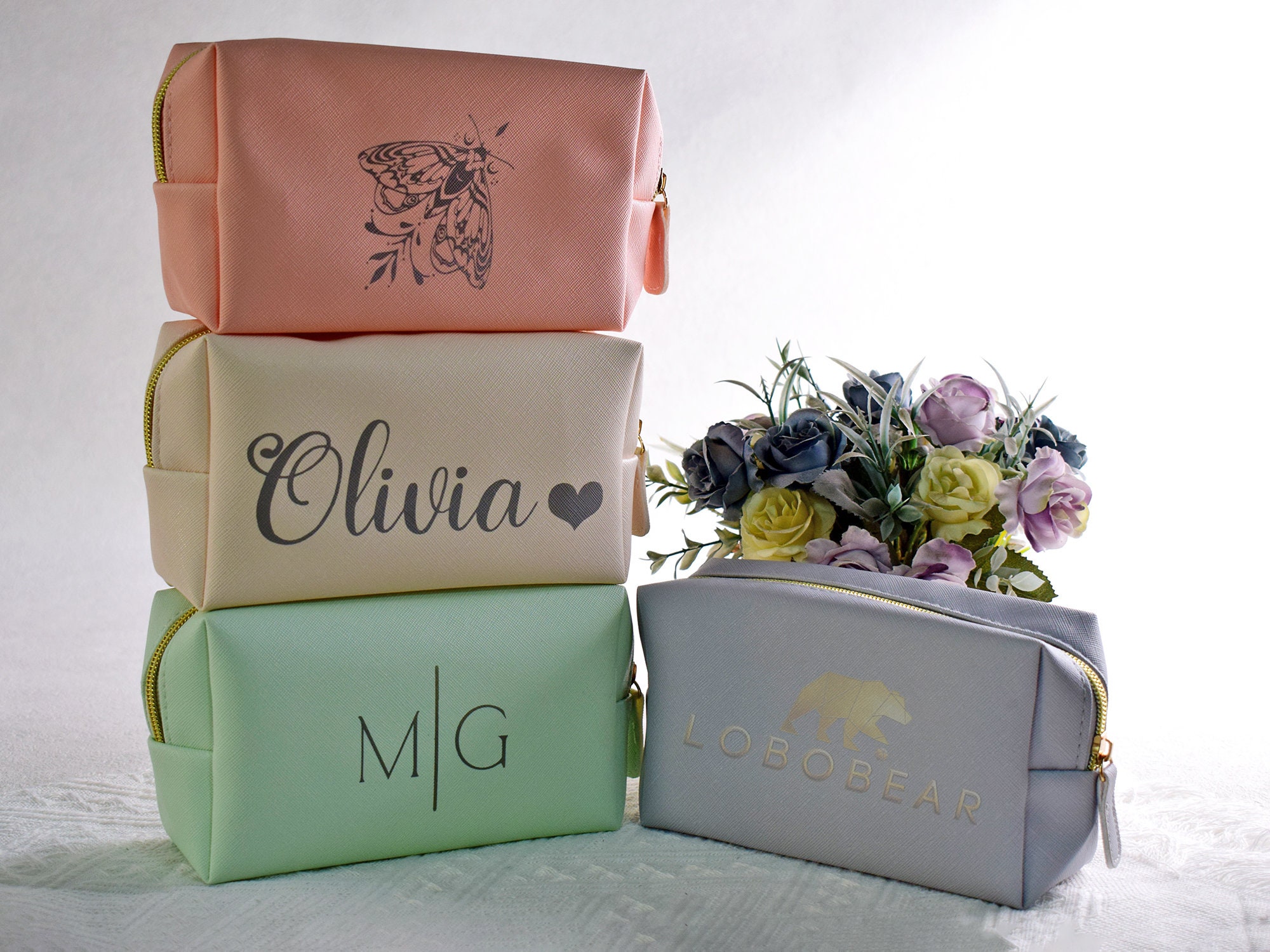 Custom Name Cosmetic Bag-Personalized Monogram Makeup Bag-Leather Toiletry Bag-Birth Month Bridesmaid Bag-Bridal Party Gifts-Bridesmaid Gift