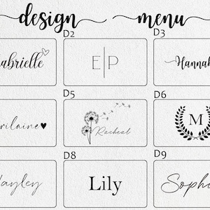 K&ouml;nnte beinhalten: Ein Design-Men&uuml; mit neun rechteckigen Designs, die Namen und Initialen in eleganten Schriftarten zeigen. Der obere Text lautet "design" und "menu". Die Designs umfassen Namen wie "Gabrielle", "Hannah" und "Sophia".