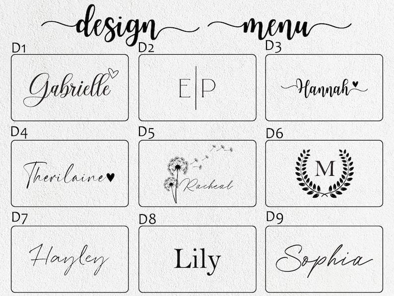 K&ouml;nnte beinhalten: Ein Design-Men&uuml; mit neun rechteckigen Designs, die Namen und Initialen in eleganten Schriftarten zeigen. Der obere Text lautet "design" und "menu". Die Designs umfassen Namen wie "Gabrielle", "Hannah" und "Sophia".