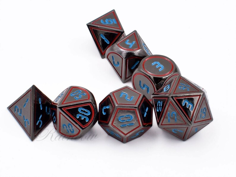New 14mm Dnd Dice Black Chrome Metal Dice With Blue Numbers Red Outline Heavy Weight With Fantastic Engraving Quality Polyhedral Dice Dnd