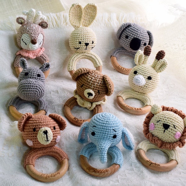 Crochet Wooden Baby Rattle-Personalized Baby Rattle-Sweet Animal Crochet Baby Rattles-Baby Shower Toy-Crochet Bunny/Bear Baby Toy-Baby Gifts