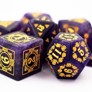 Amethyst dice set-Engraved DnD Dice Set-Polyhedral Gemstone Dice-Stone RPG Dice Set-Dungeons and Dragons Dice-dnd dice-Celtic Knot Themed