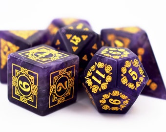 Amethyst dice set-Engraved DnD Dice Set-Polyhedral Gemstone Dice-Stone RPG Dice Set-Dungeons and Dragons Dice-dnd dice-Celtic Knot Themed