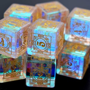 Infinity Prism Dichroic Glass D6 Die-Celtic Knot Themed-Engraved D6 Dice-dungeons and dragons Dice-Gem dice-Engraved Gemstone dice for rpg