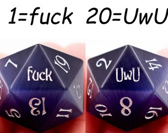 LIQUIDACIÓN Venta-1 Pieza Purple Cat's Eye F*CK UwU D20 Die-critical failure dice-rpg d20 for dungeons and dragons-dnd dice-Engraved Stone d20