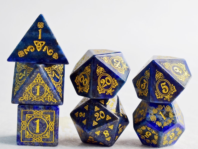 1 FULL set of Gemstone Dice Set-Dungeons & Dragons-DnD D and D Dice Set-Celtic Knot Themed Dice-Limited Edition dice-Limited Stock-FAST Ship Lapis Lazuli Dice