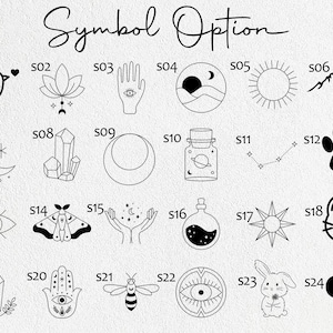 May include: Black and white line art illustrations of various symbols, including a bird, lotus flower, hand with an eye, moon and mountain range. The text "Symbol Option" is at the top.