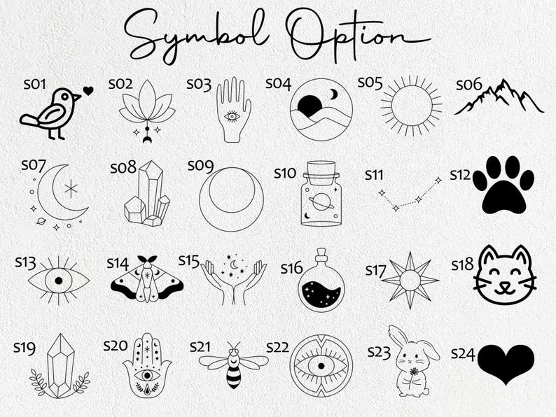 May include: Black and white line art illustrations of various symbols, including a bird, lotus flower, hand with an eye, moon and mountain range. The text "Symbol Option" is at the top.