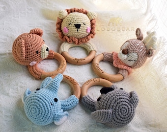 Hochets pour bébés au crochet, animaux doux - Hochet pour bébé personnalisé - Hochet en bois pour bébé au crochet - Jouet pour baby shower - Jouets pour bébés lapin/ours au crochet - Style 18