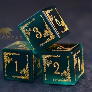 Pierre de quartz rose D6 dés-thème floral jardin-chiffres dorés-police fantaisie Dark Green Cat's Eye