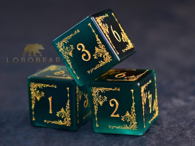 Pierre de quartz rose D6 dés-thème floral jardin-chiffres dorés-police fantaisie Dark Green Cat's Eye