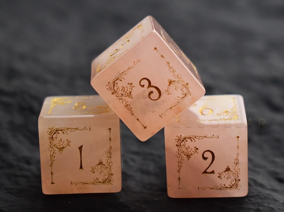 Rose Quartz Gemstone D6 Dice-Floral Garden Theme-Gold Numbers-Fancy Font