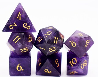 Full Set of Amethyst dice-Engraved Gem Dice Set-Polyhedral Gemstone Dice Set-Stone RPG Dice-Dungeons and Dragons-Stone dice-rpg D20