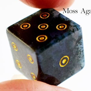 Moss Agate Gemstone D6 Dice-16mm d6s-Dungeons and Dragons D6-Yahtzee Dice-Pips Dice for d6 rpgs / tabletop games/ DON'T Roll together