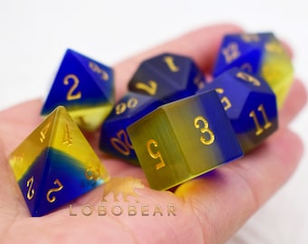 Blue w/Yellow D and D Dice Set-Gemstone Dice Set-Dungeons & Dragons Dice-Engraving Gem Dice-Stone Polyhedral Dice for Gaming-Dice Set DnD