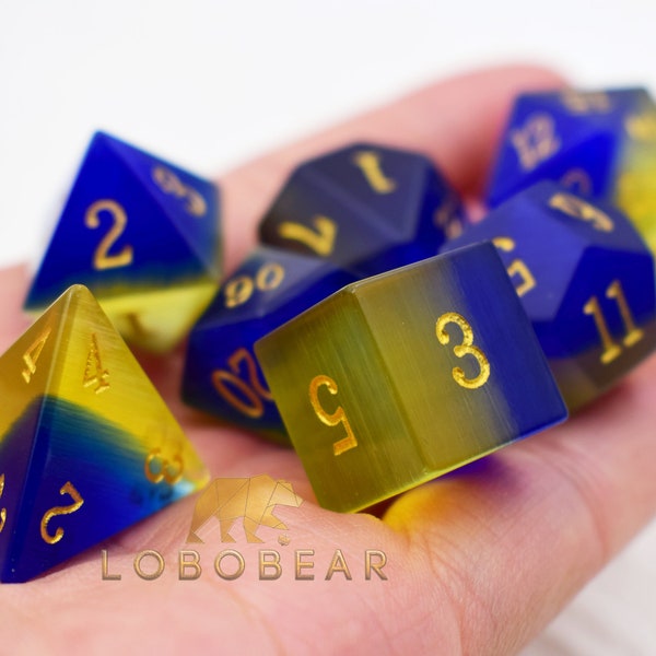 Blue w/Yellow D and D Dice Set-Gemstone Dice Set-Dungeons & Dragons Dice-Engraving Gem Dice-Stone Polyhedral Dice for Gaming-Dice Set DnD