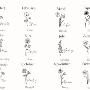 K&ouml;nnte beinhalten: Eine botanische Illustration mit zw&ouml;lf floralen Designs, die jeweils einen Monat des Jahres repr&auml;sentieren. Jedes Design enth&auml;lt den Monatsnamen, eine Blumenillustration, den Namen der Blume und einen Namen. Die Blumen umfassen Nelke, Veilchen, Narzisse, G&auml;nsebl&uuml;mchen, Maigl&ouml;ckchen, Rose, Rittersporn, Mohn, Aster, Ringelblume, Pfingstrose und Narzisse.