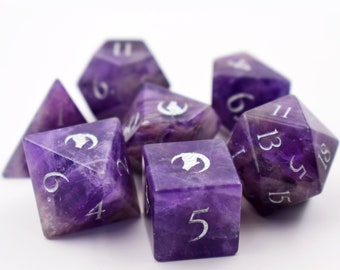 DnD D and D Dice Set-Natural Amethyst Gemstone Polyhedral Dice Set-Moon Wolf Themed Gem Dice DnD-Dungeons and Dragons-Gemstone RPG Dice