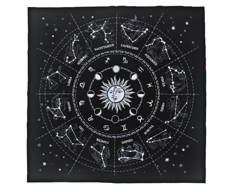 May include: Black tapestry with a white circle depicting the zodiac signs and the sun and moon. The signs are labeled with their names in white.
