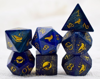 Lapis Lazuli Raven Gemstone Dice Set-Dungeons & Dragons-DnD D and D Dice Set-Polyhedral Dice Set