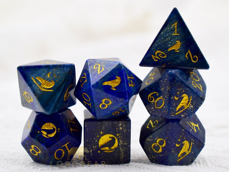 Lapis Lazuli Raven Gemstone Dice Set-Dungeons & Dragons-DnD D and D Dice Set-Polyhedral Dice Set Lapis Lazuli Dice
