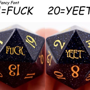 CLEARANCE Sale-1 Piece Blue Sandstone F*CK YEET D20 Die-critical failure dice-D20 Dice-dungeons and dragons-Gem dice-Engraved Gemstone D20