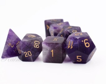 Full Set Amethyst Dice-Natural Gemstone Dice-Engraved Dice for dungeons and dragons-Amethyst Polyhedral Gemstone Dice Set-Stone Dice Set