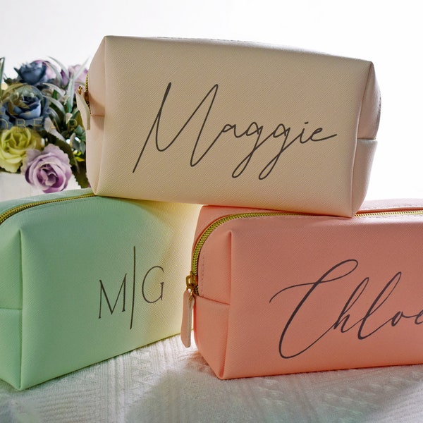 Custom Name Cosmetic Bag-Personalized Monogram Makeup Bag-Leather Toiletry Bag-Birth Month Bridesmaid Bag-Bridal Party Gifts-Bridesmaid Gift