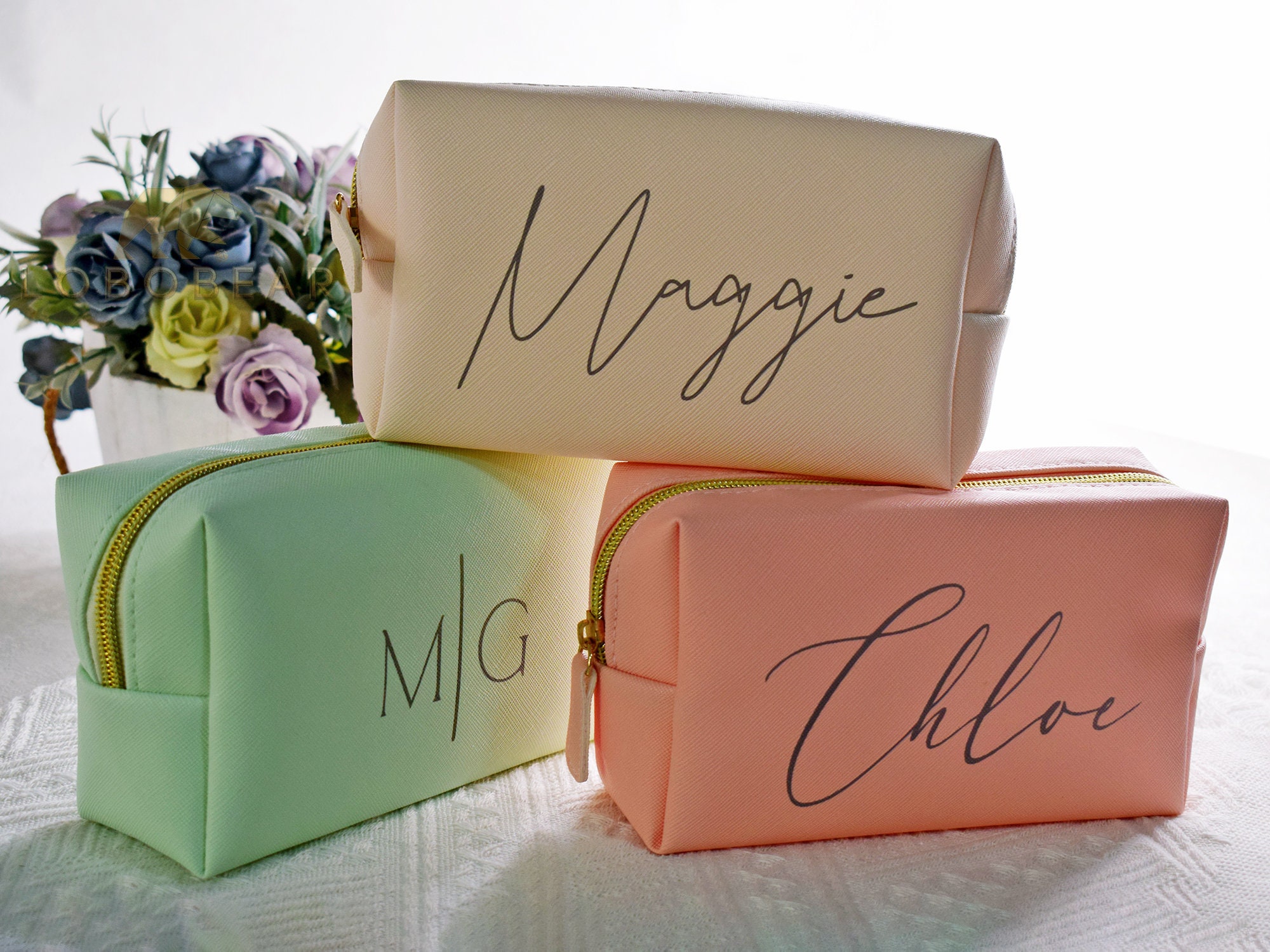 Custom Name Cosmetic Bag-Personalized Monogram Makeup Bag-Leather Toiletry Bag-Birth Month Bridesmaid Bag-Bridal Party Gifts-Bridesmaid Gift