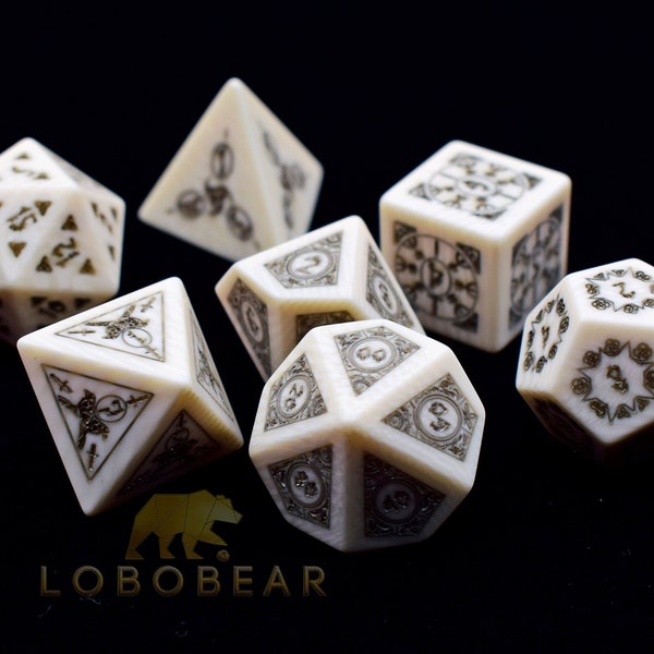 Wild Viking Medieval Bone Dice-DnD D and D Dice Set-Dungeons & Dragons Dice-Engraving Gemstone Dice Set-Stone Polyhedral Dice Set-rpg Dice